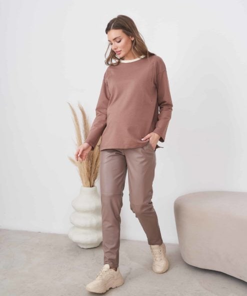 Кофейные брюки из эко-кожи для беременных и кормящих Elina — изображение 3