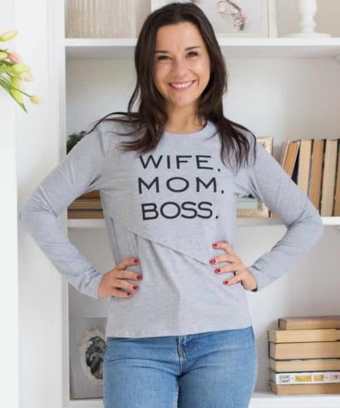 Серый лонгслив для будущих и кормящих мам Wife Mom Boss