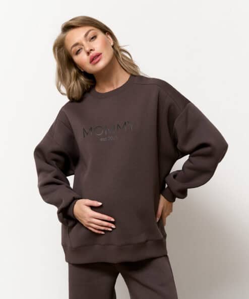 Кофейный теплый свитшот для будущих и кормящих мам MOMMY est 2025
