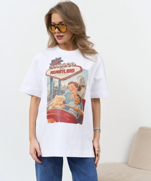Белая футболка для будущих и кормящих мам Welcome to Mommyland
